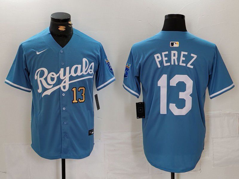 Men Kansas City Royals #13 Perez Blue Light Game 2024 Nike MLB Jersey style 3